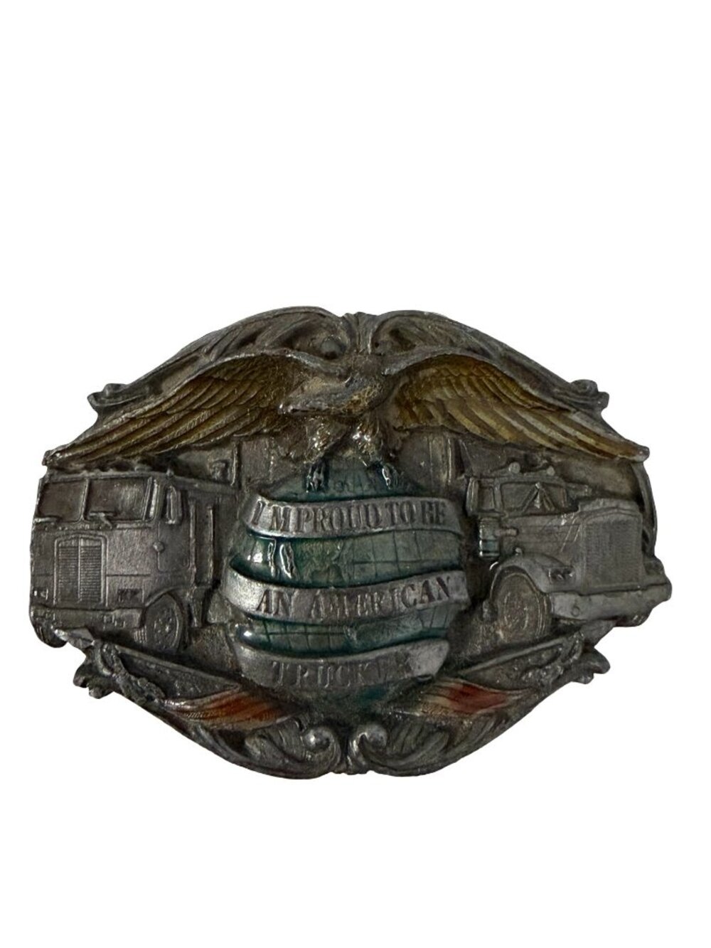 1986 Bergamot Brass Works American Trucker Belt Buckle Eagle Semi Truck Pewter U